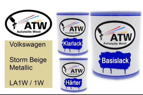 Volkswagen, Storm Beige Metallic, LA1W / 1W: 1L Lackdose + 1L Klarlack + 500ml Härter - Set, von ATW Autoteile West.